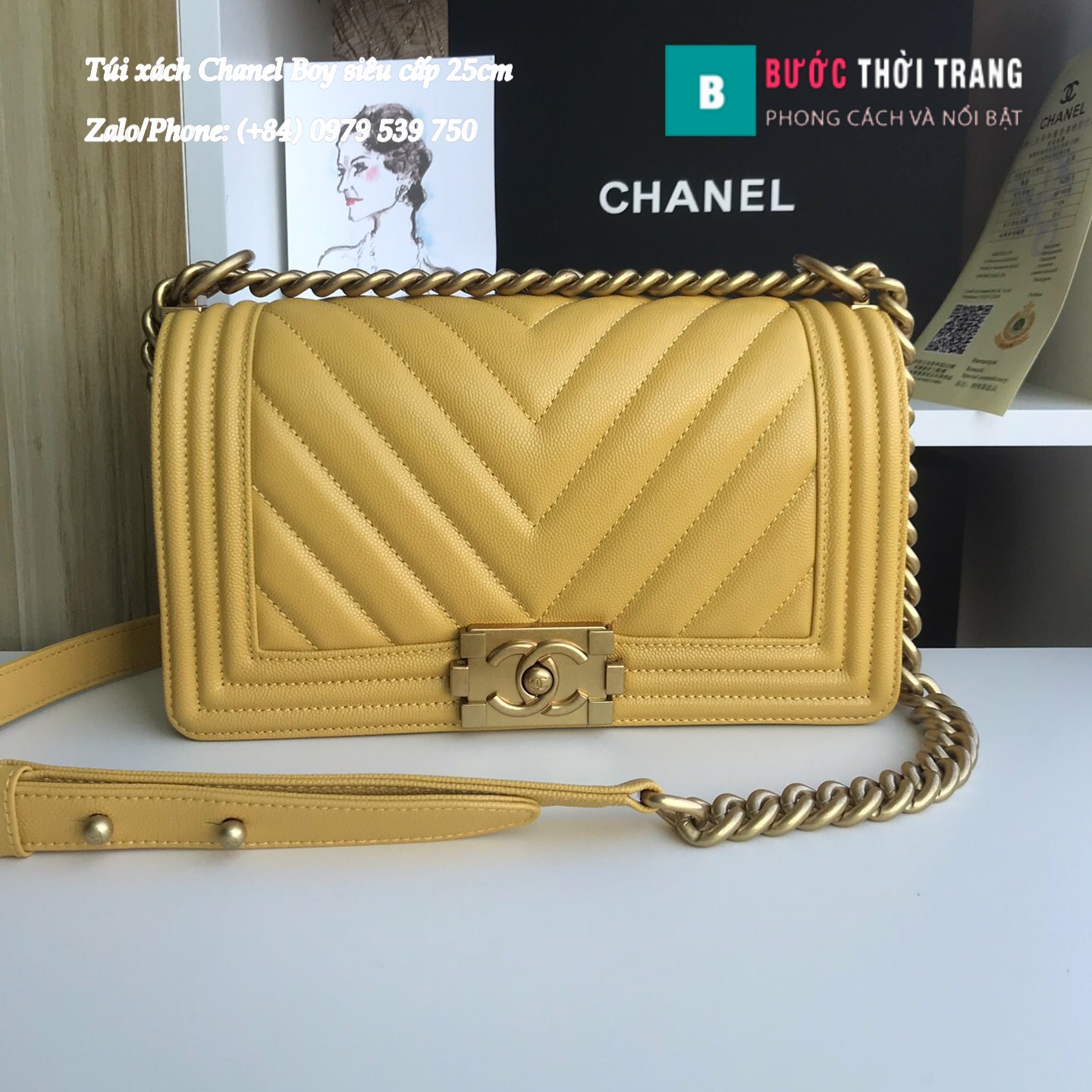Túi Xách Chanel Boy Siêu Cấp Vân V màu vàng – A67086