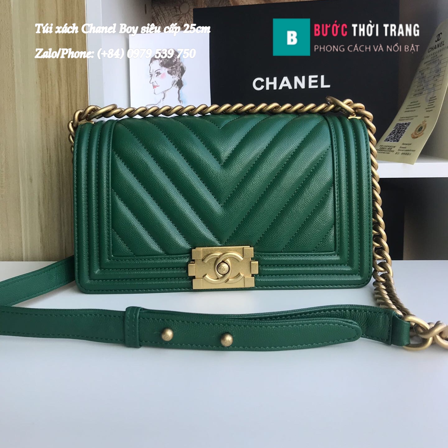 Túi Xách Chanel Boy Siêu Cấp Vân V màu xanh lá (1)