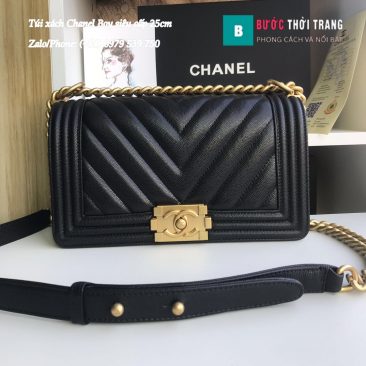Túi Xách Chanel Boy Siêu Cấp Vân V màu đen tag vàng 25cm - A67086
