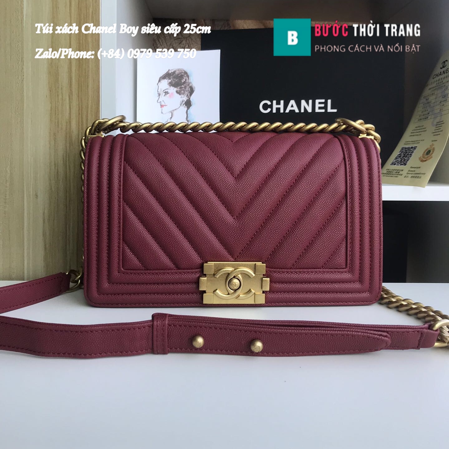 Túi Xách Chanel Boy Siêu Cấp Vân V màu đỏ đô – A67086 (1)