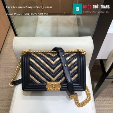 Túi Xách Chanel Boy Siêu Cấp Vân V đan dọc màu đen size 25cm - A67086 (1)