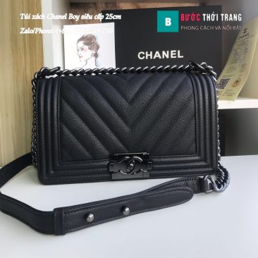 Túi Xách Chanel Boy Siêu Cấp vân V màu đen tag đen 25cm - A67086 (1)