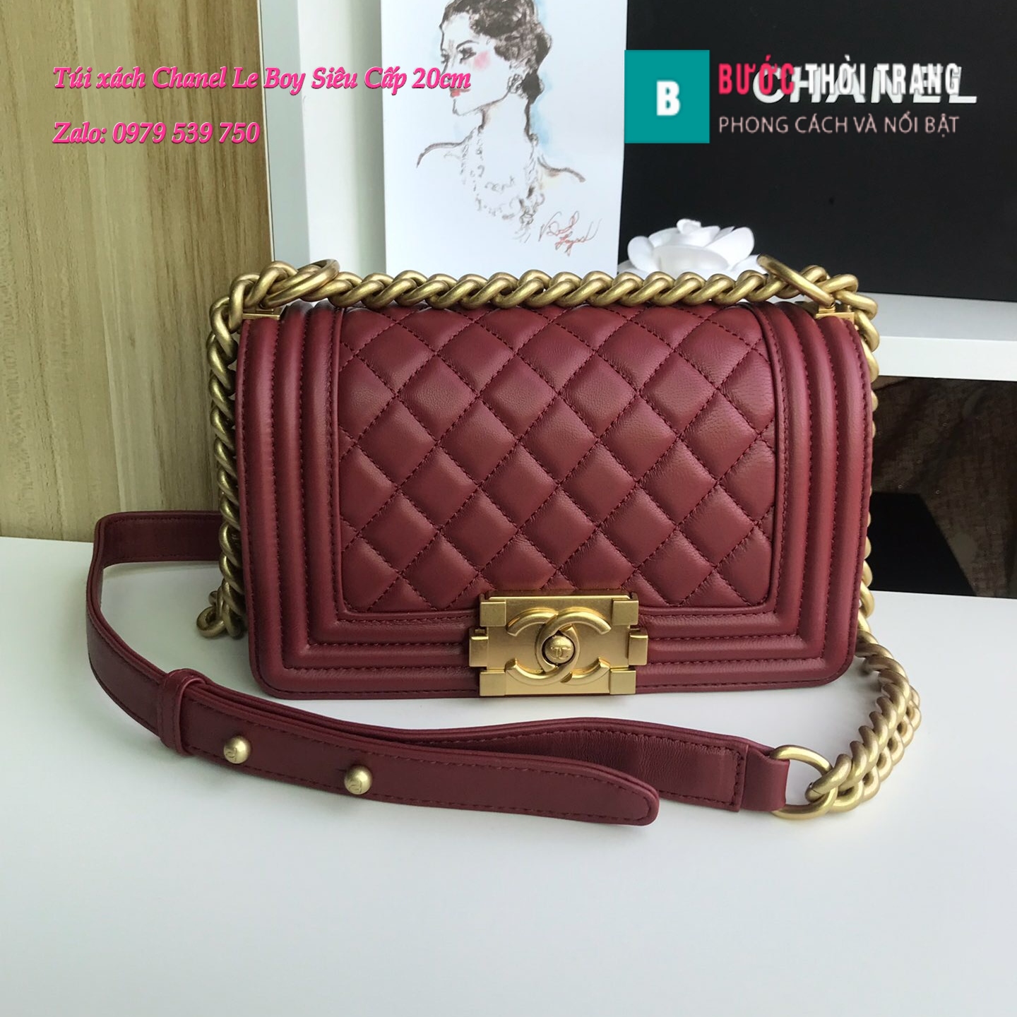 Túi Xách Chanel Boy Siêu Cấp ô trám màu đỏ đô 20cm – A67085 (1)